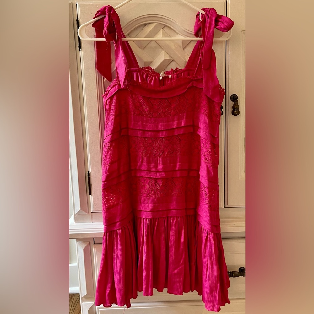 Hot Pink Boho Lace Smocked Mini Dress with Shoulder Ties - Tiered Ruffle Hem NWT